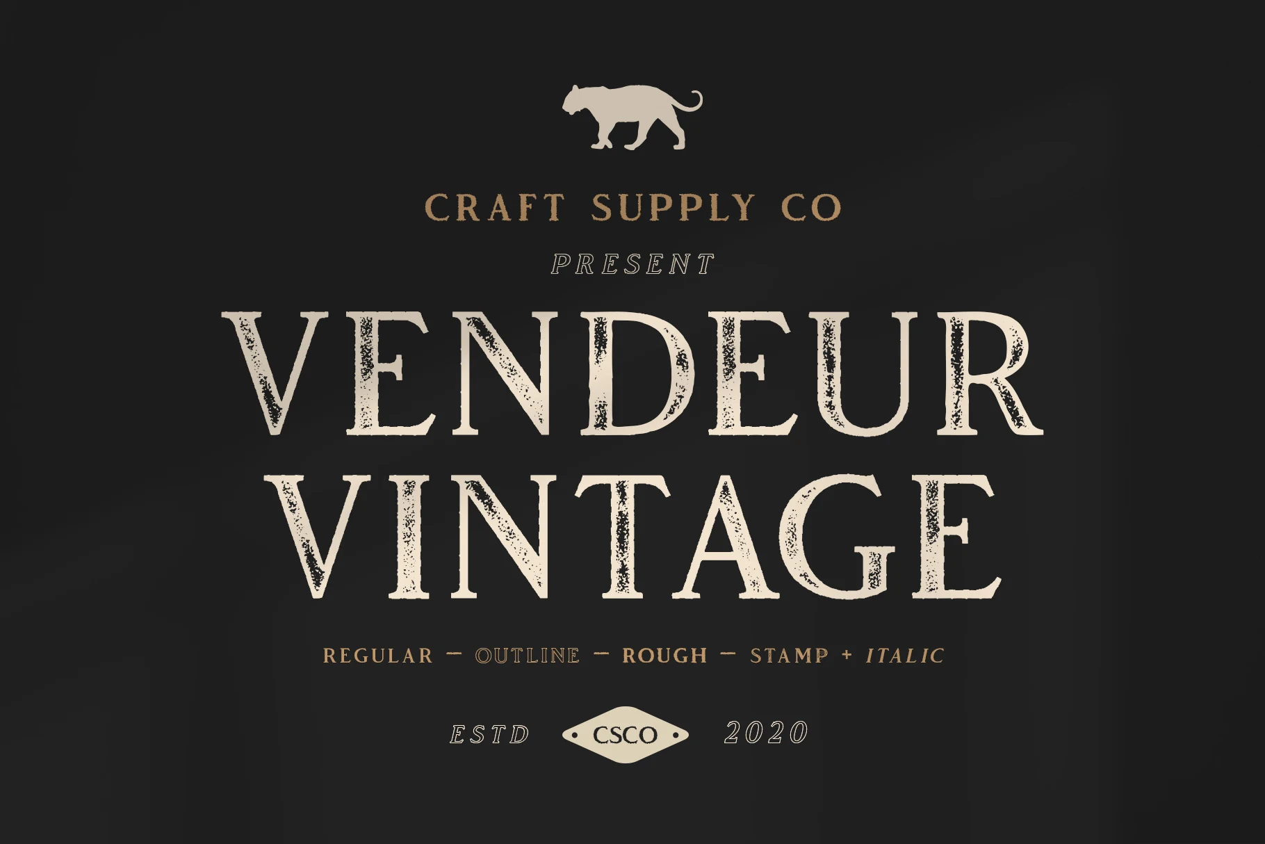 Vendeur Vintage Font preview with distressed serif lettering in cream on a dark background