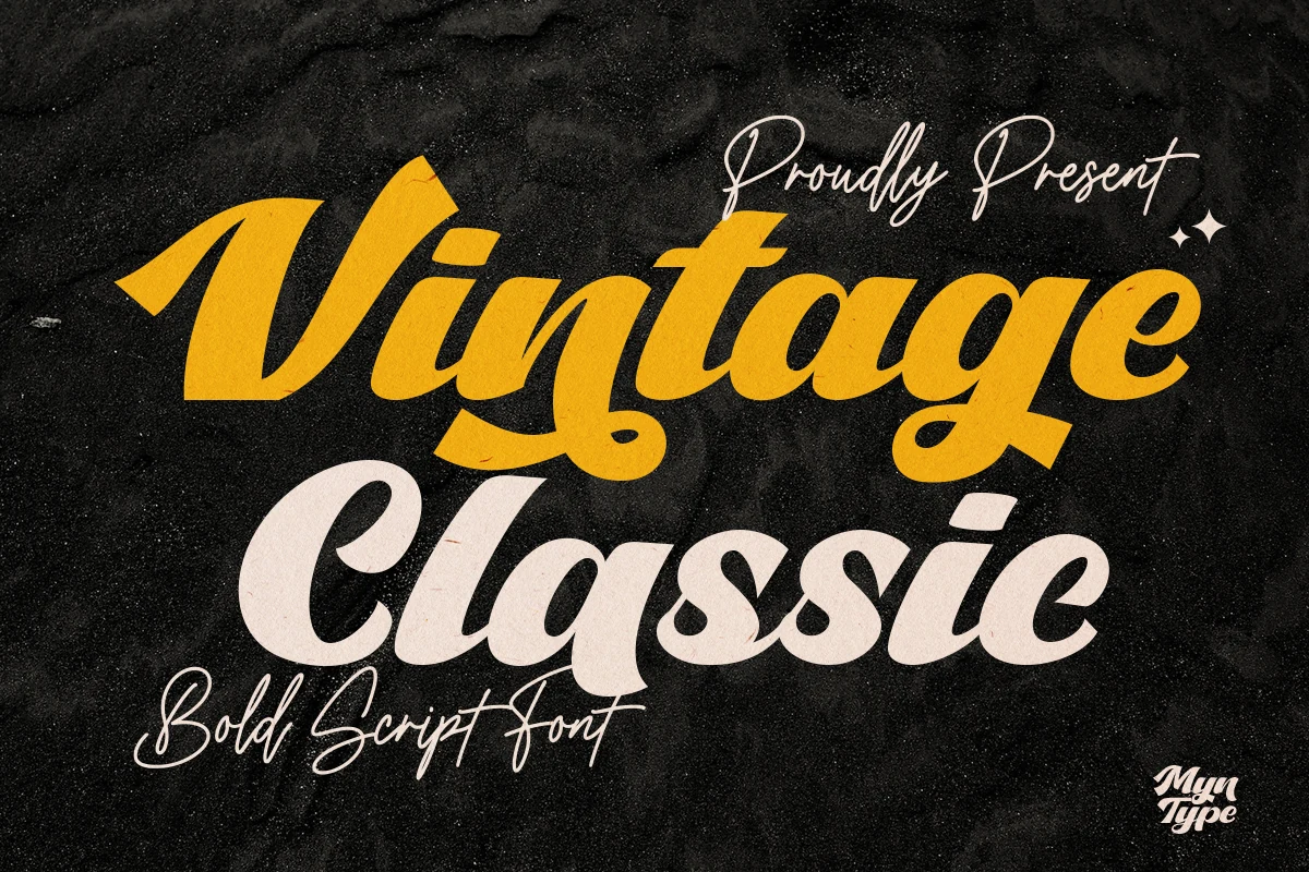 Vintage Classic Font preview with bold slanted script lettering, thick curves, and retro swashes