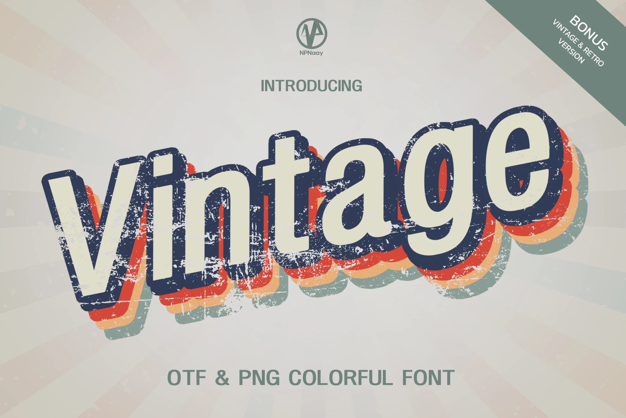 Vintage Font preview with distressed retro block letters and colorful layered shadowing