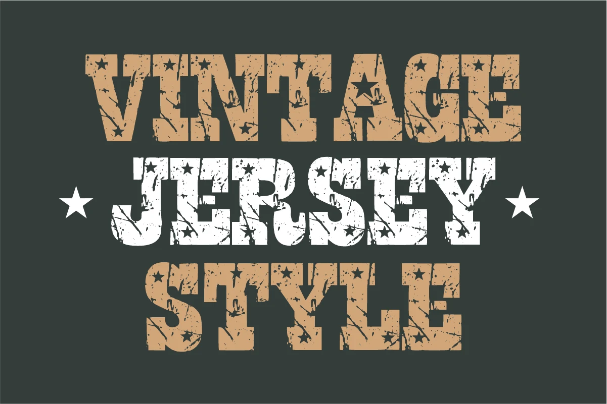 Vintage Jersey Style Font preview with distressed slab block lettering and star cutouts