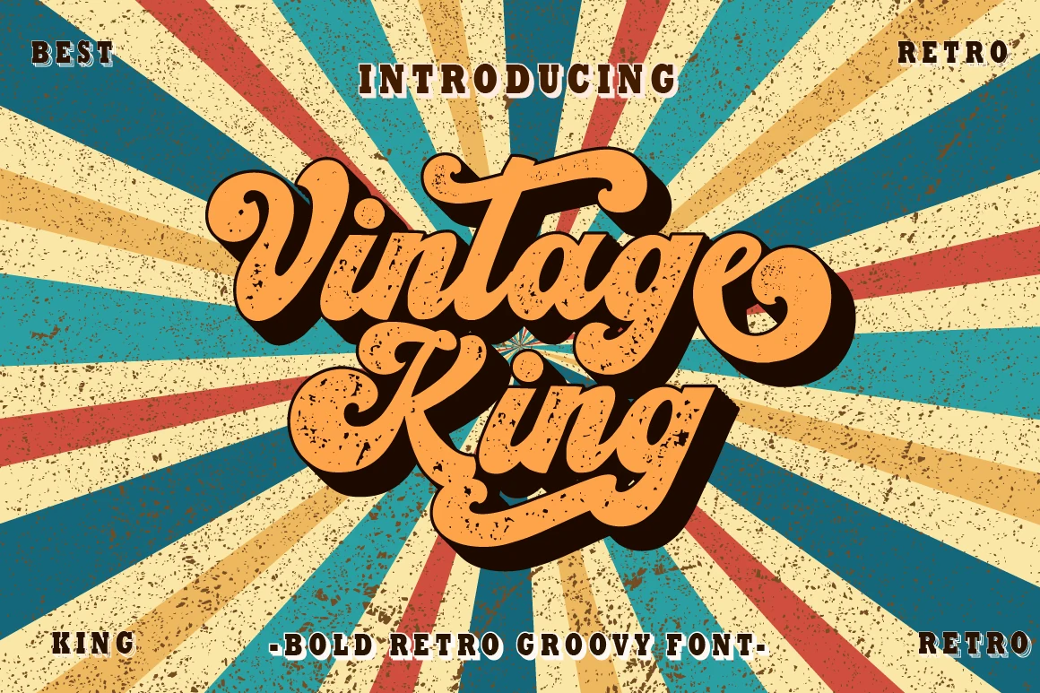 Vintage King Font preview with orange groovy script lettering, black shadow, and distressed retro texture