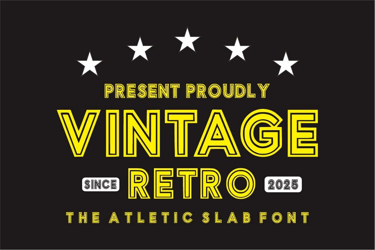 Vintage Retro Font preview with yellow outlined athletic slab lettering on black