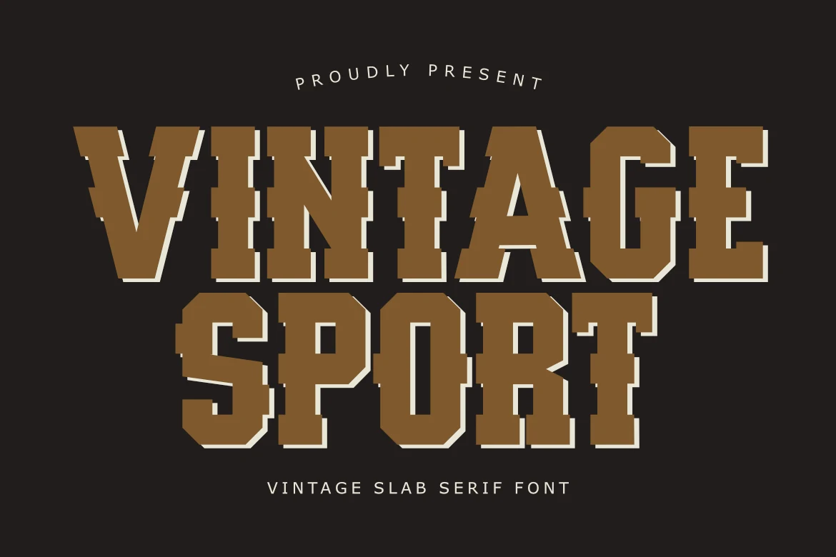 Vintage Sport Font preview with bold brown slab serif letters and layered western varsity styling