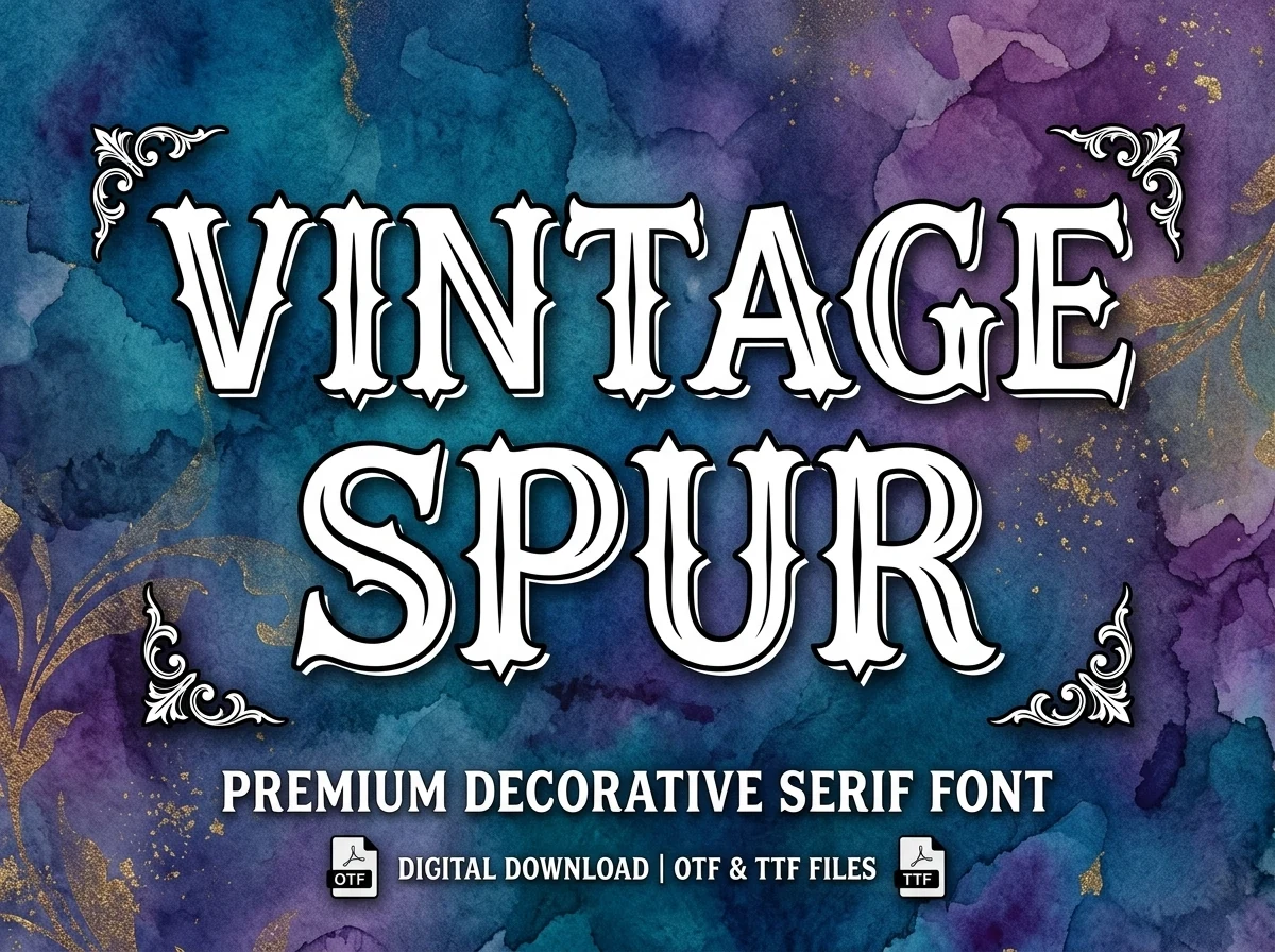 Vintage Spur Font preview with bold decorative serif letters, black outline, and spurred details