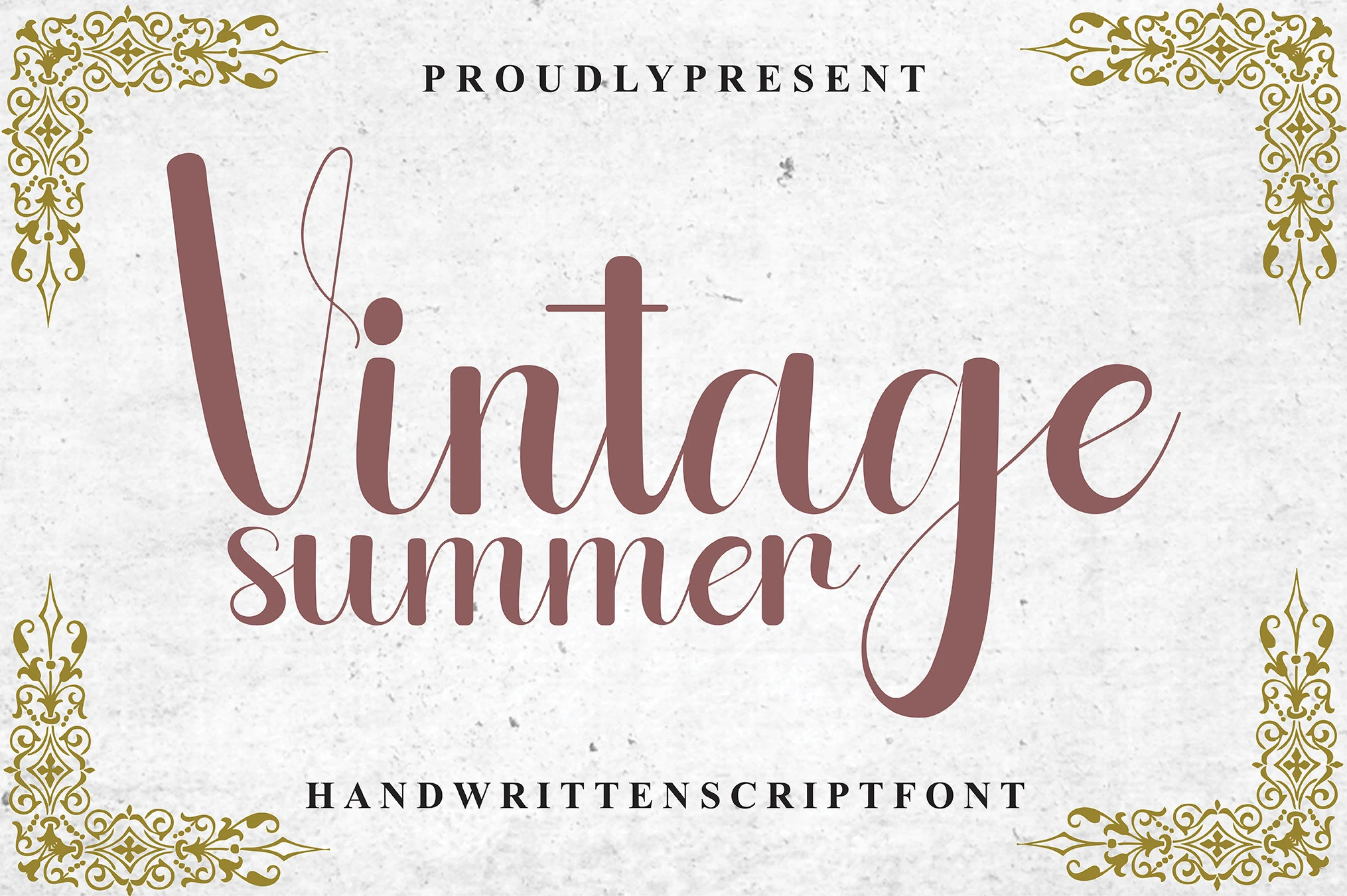 Vintage Summer Font preview with dusty rose handwritten lettering and delicate flourish accents