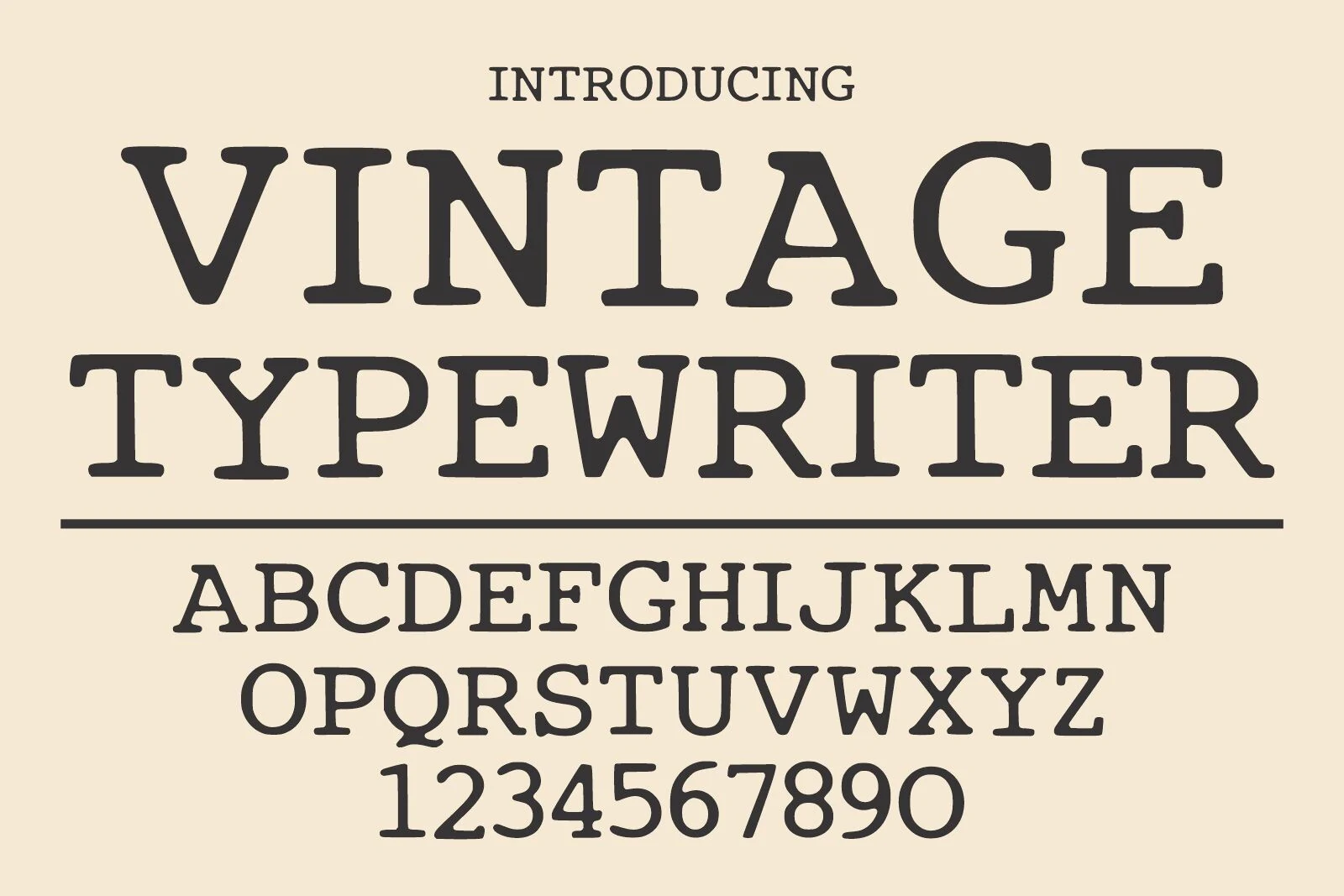 Vintage Typewriter Font preview with black retro serif letters, alphabet, and numbers