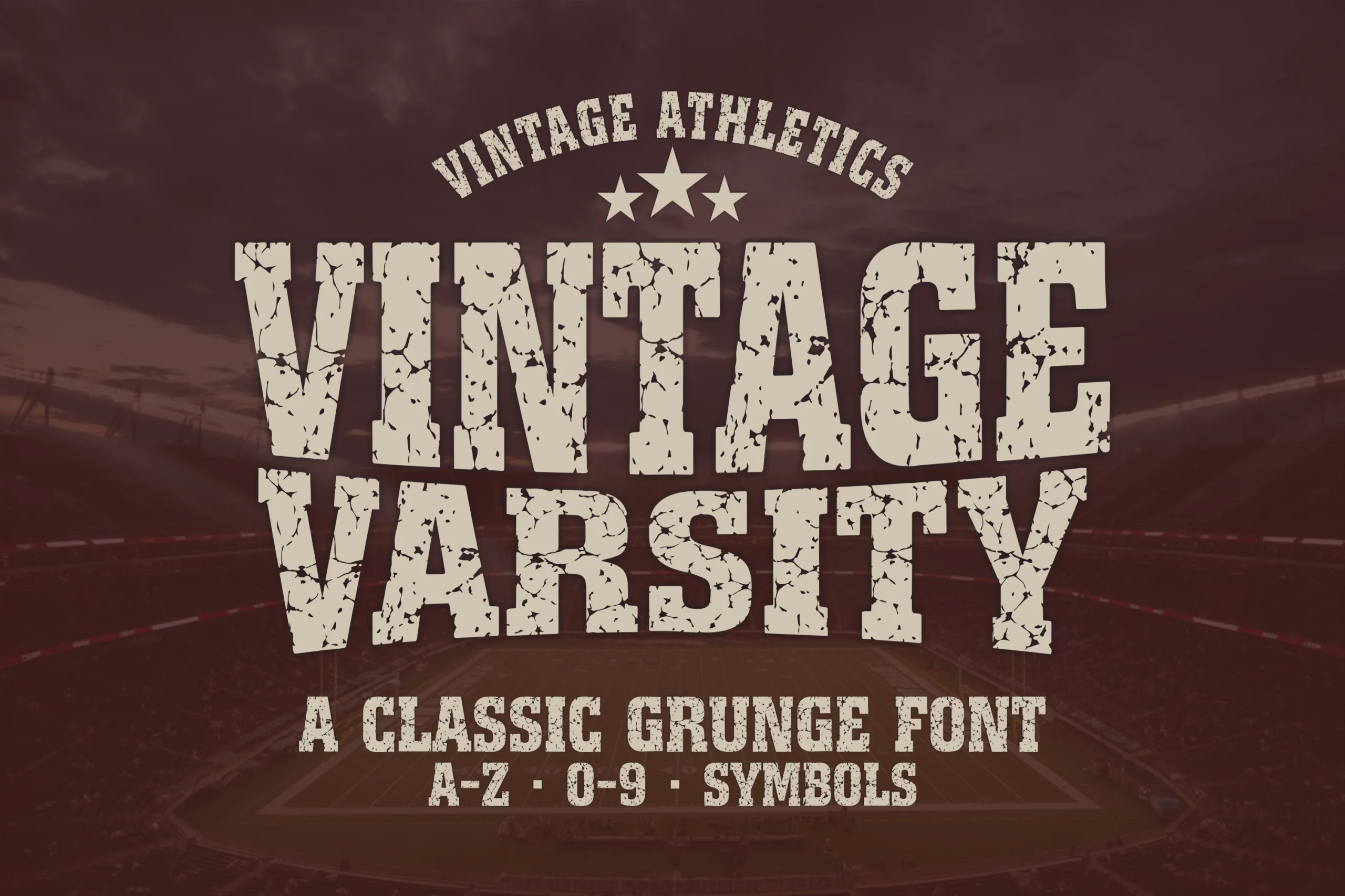 Vintage Varsity Font preview with distressed athletic block lettering
