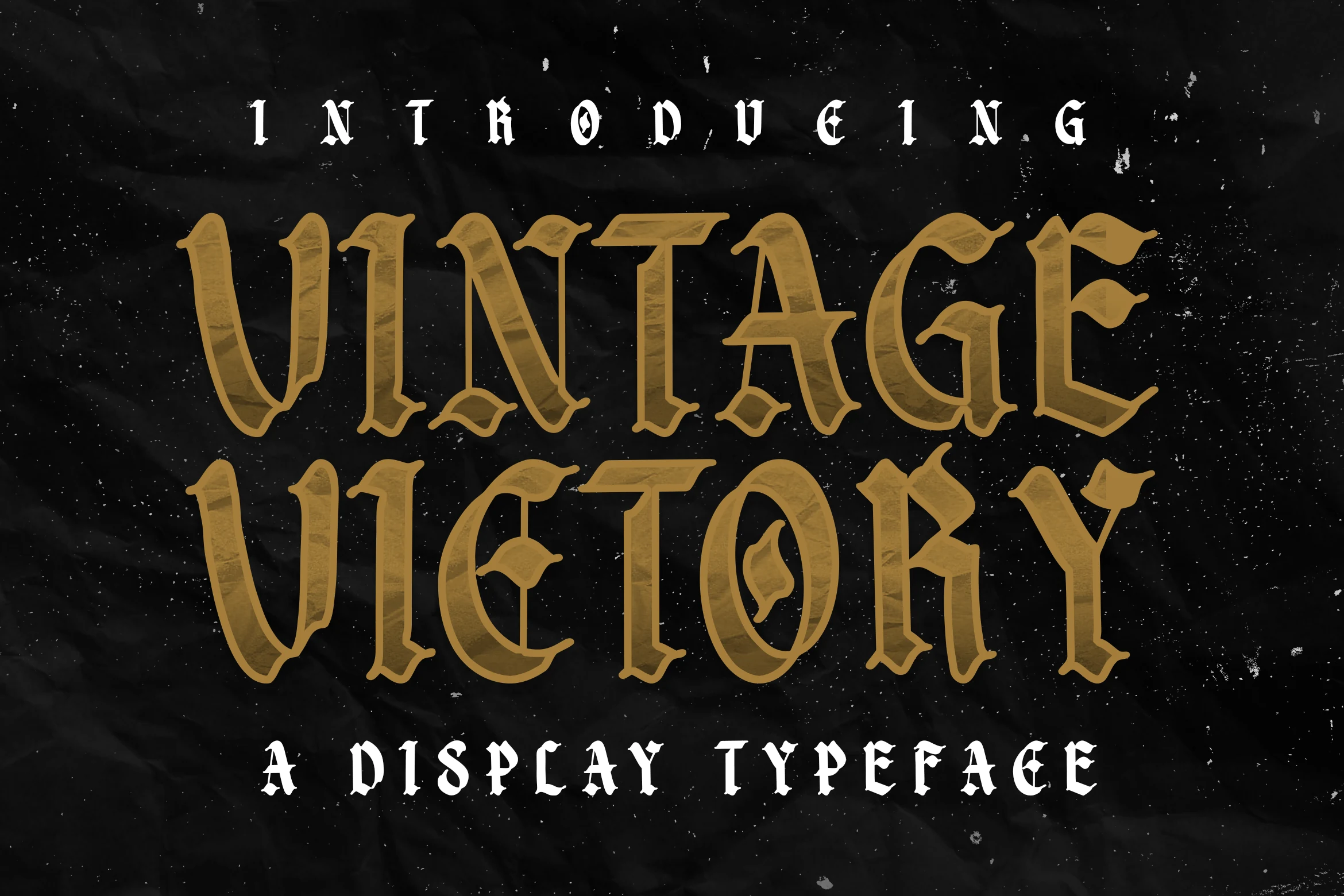 Vintage Victory Font preview with gold gothic blackletter display lettering