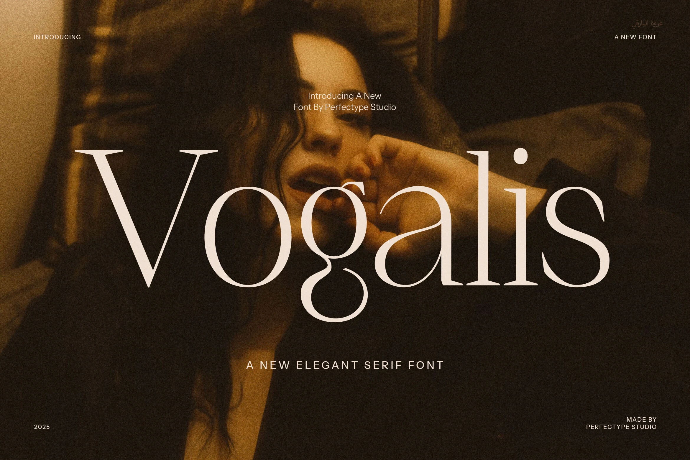 Vogalis Font preview with large elegant serif lettering over a warm moody editorial portrait