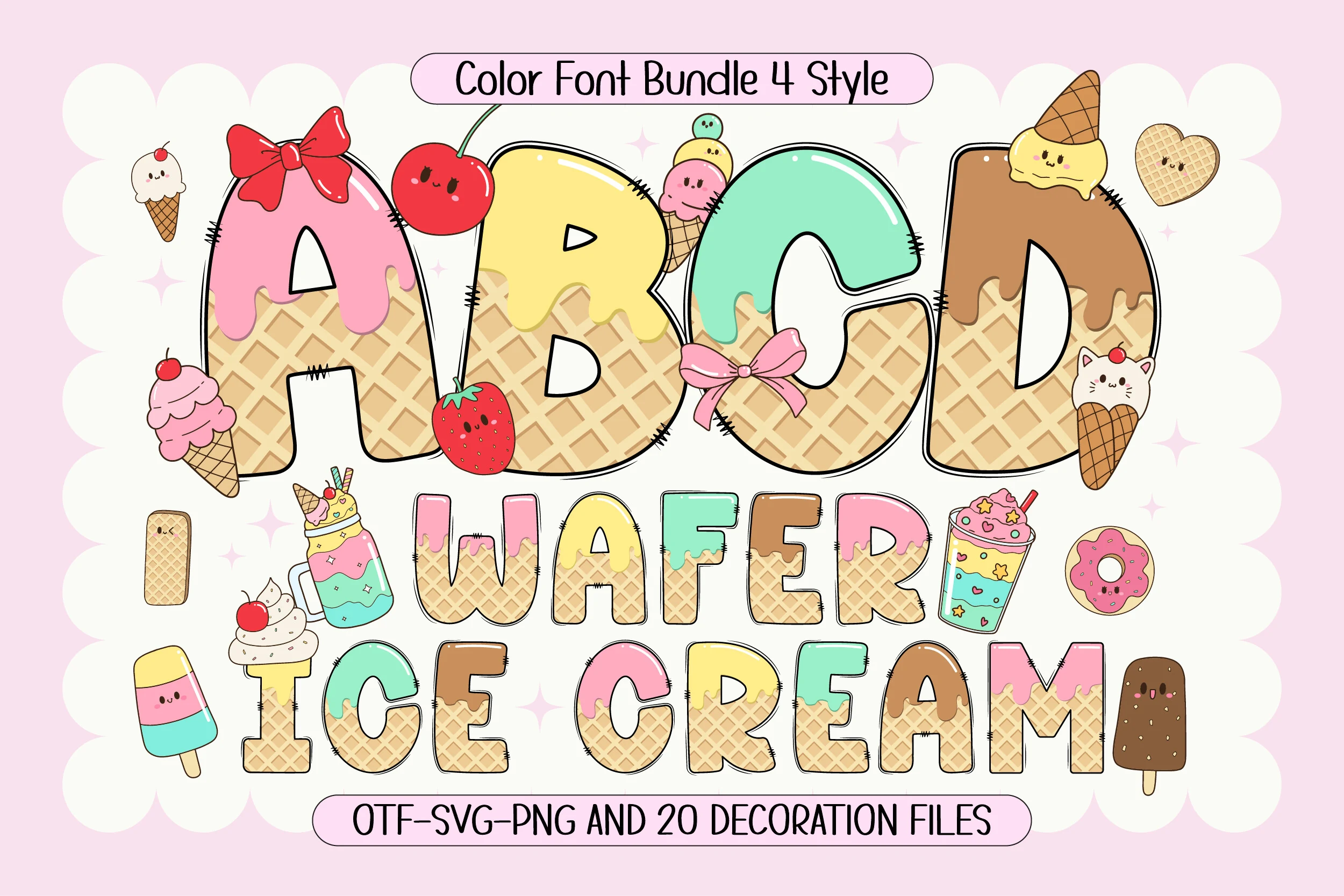 Wafer Ice Cream Font preview with pastel waffle letters, dripping icing, and cute dessert clip art
