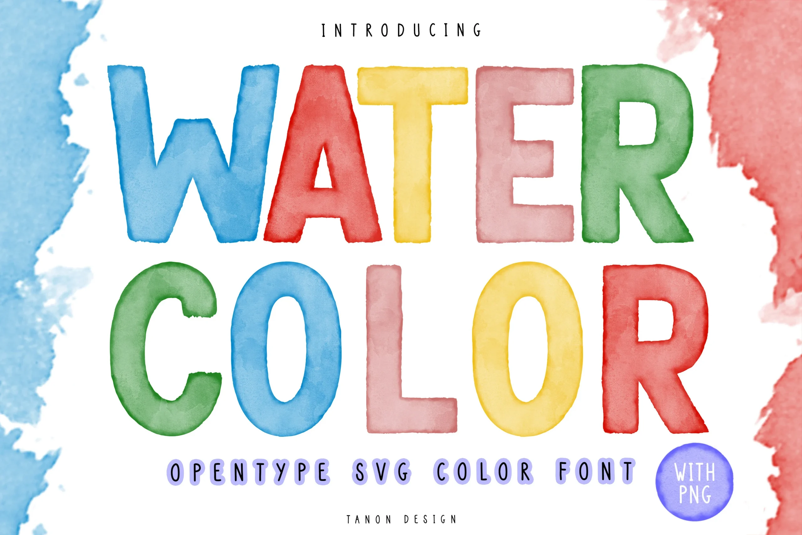 Watercolor Font preview with multicolor uppercase letters and soft painted watercolor texture