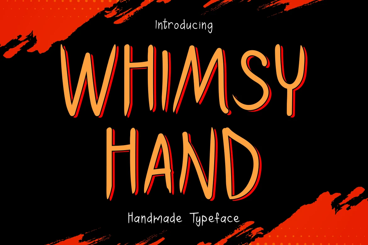 Whimsy Hand Font preview with tall hand-drawn orange display lettering and quirky uneven strokes