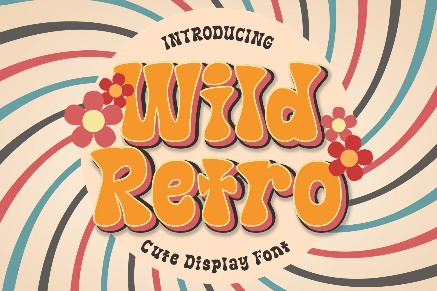 Wild Retro Font preview with rounded groovy orange lettering and flower accents