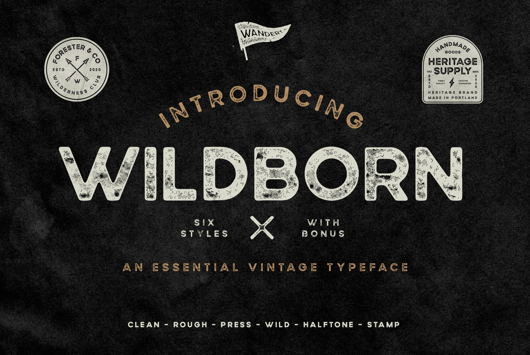Wildborn Font preview with distressed uppercase sans serif lettering, rounded shapes, and halftone texture