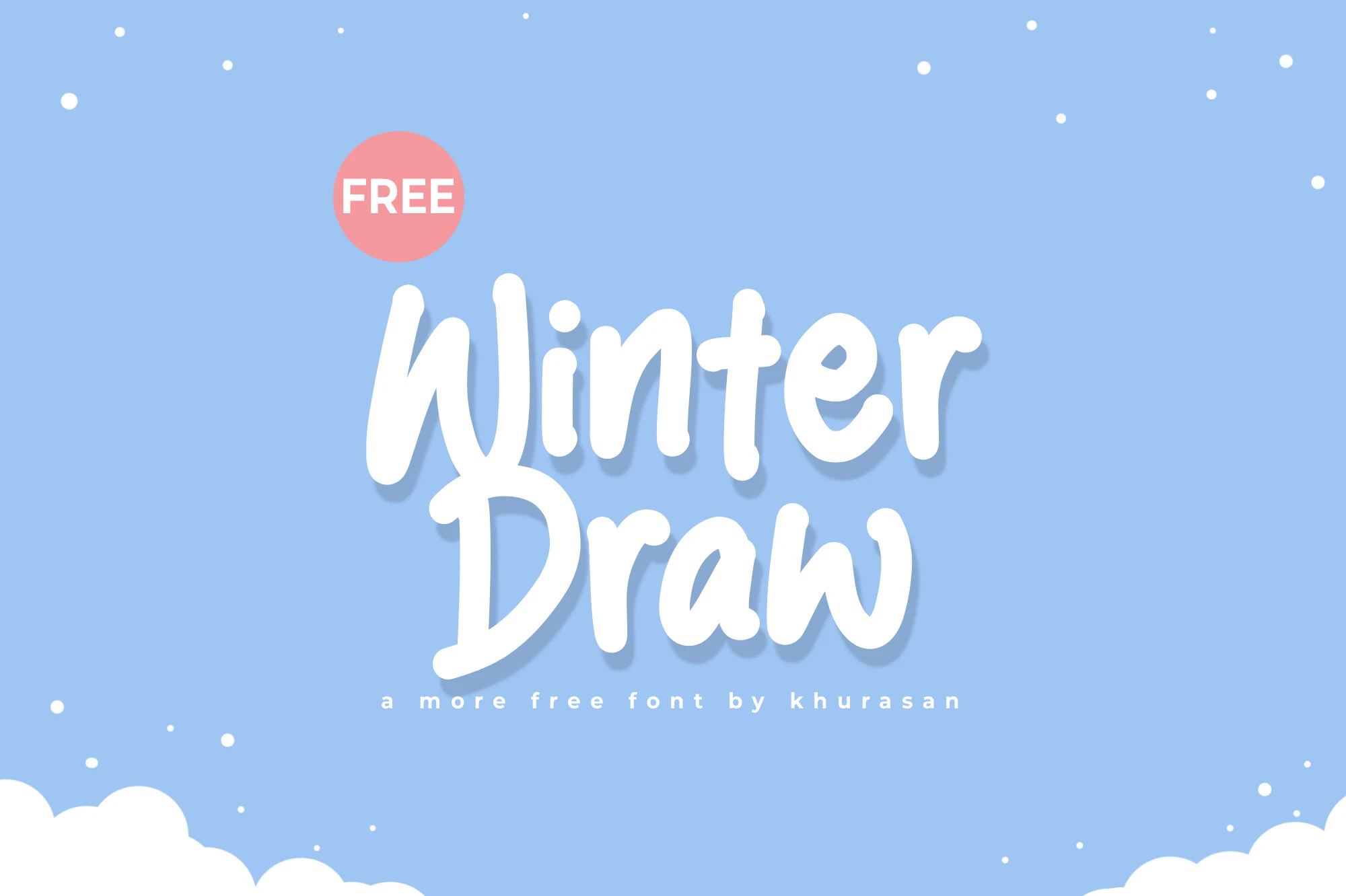 Winter Draw Font preview with white rounded brush lettering on a blue background