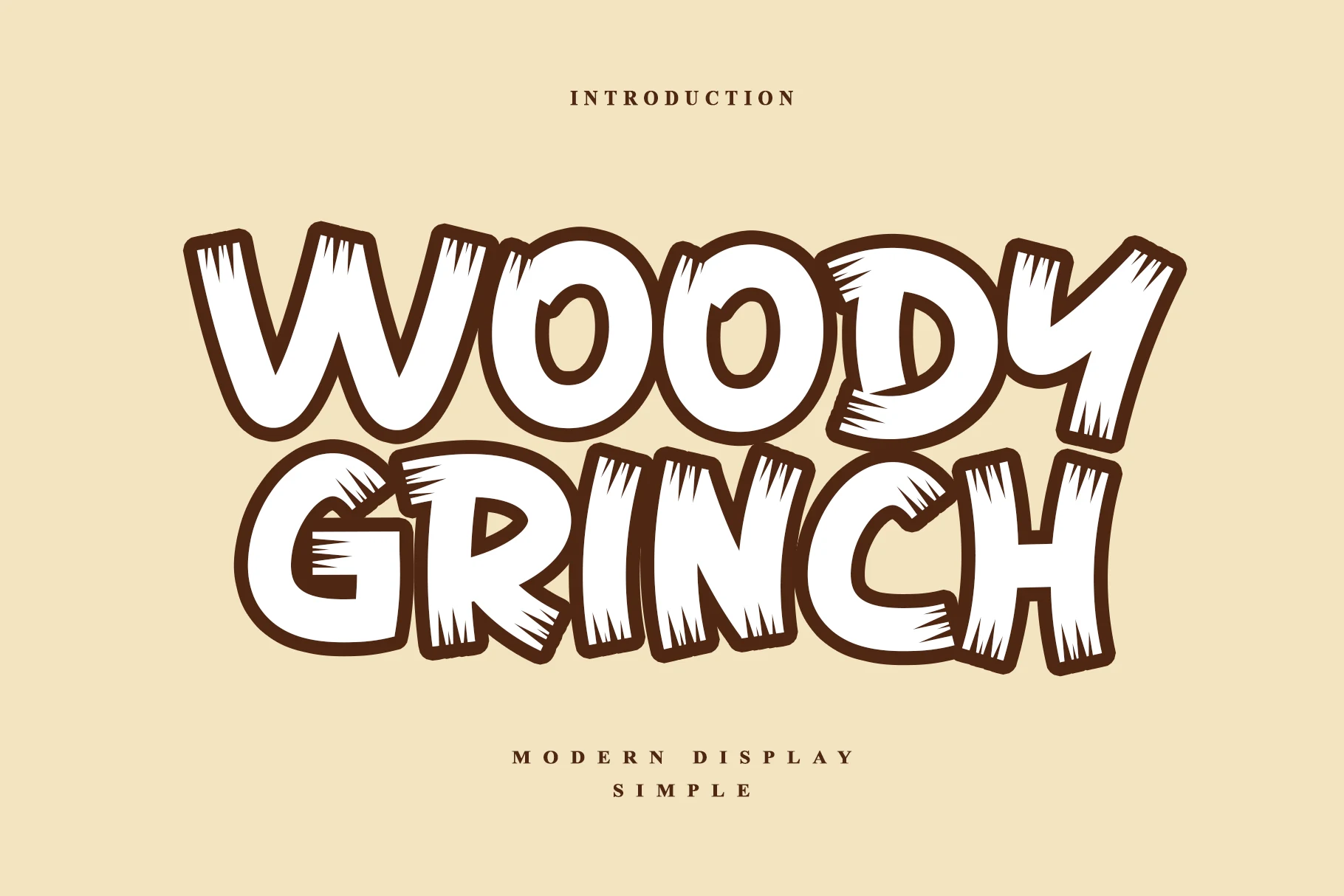 Woody Grinch Font preview with chunky white bubble letters and rough woodcut texture