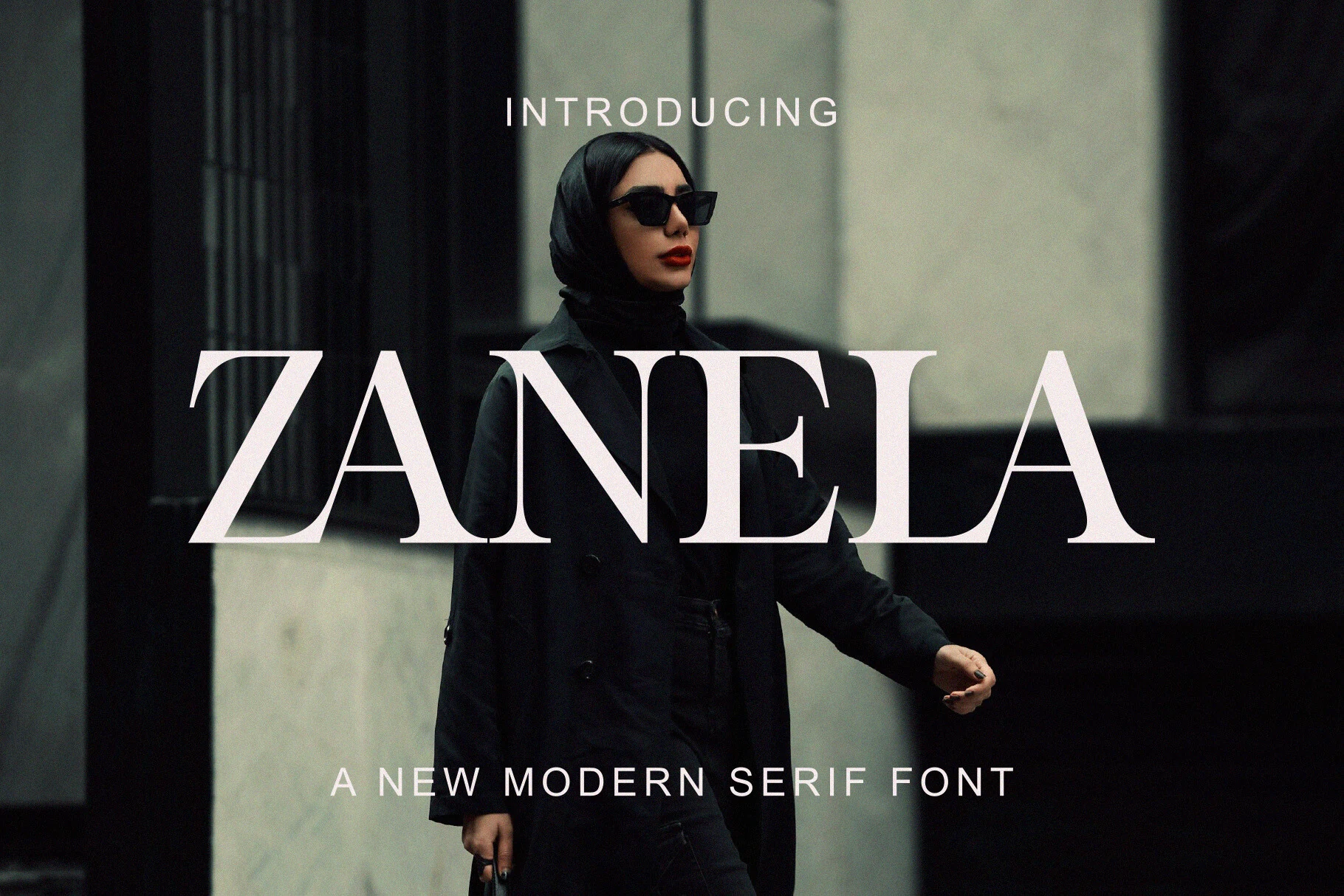 Zanela Font preview with high-contrast white serif lettering for fashion branding