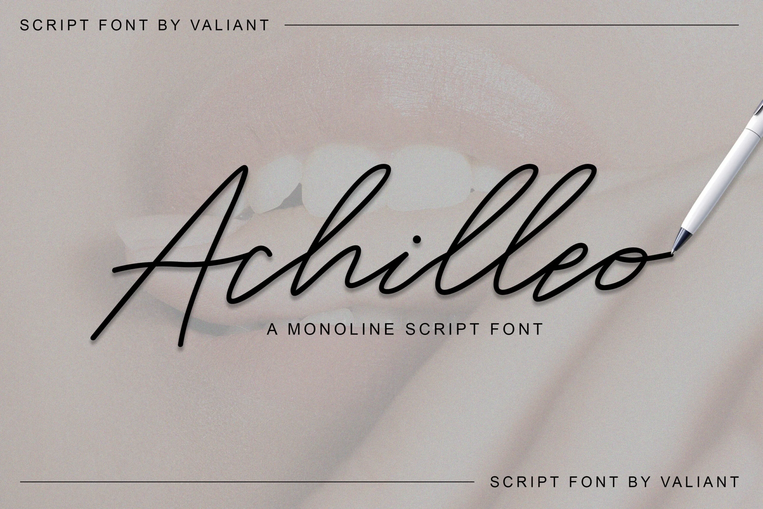 Achilleo Font preview in black monoline signature script with tall loops and a sweeping crossbar