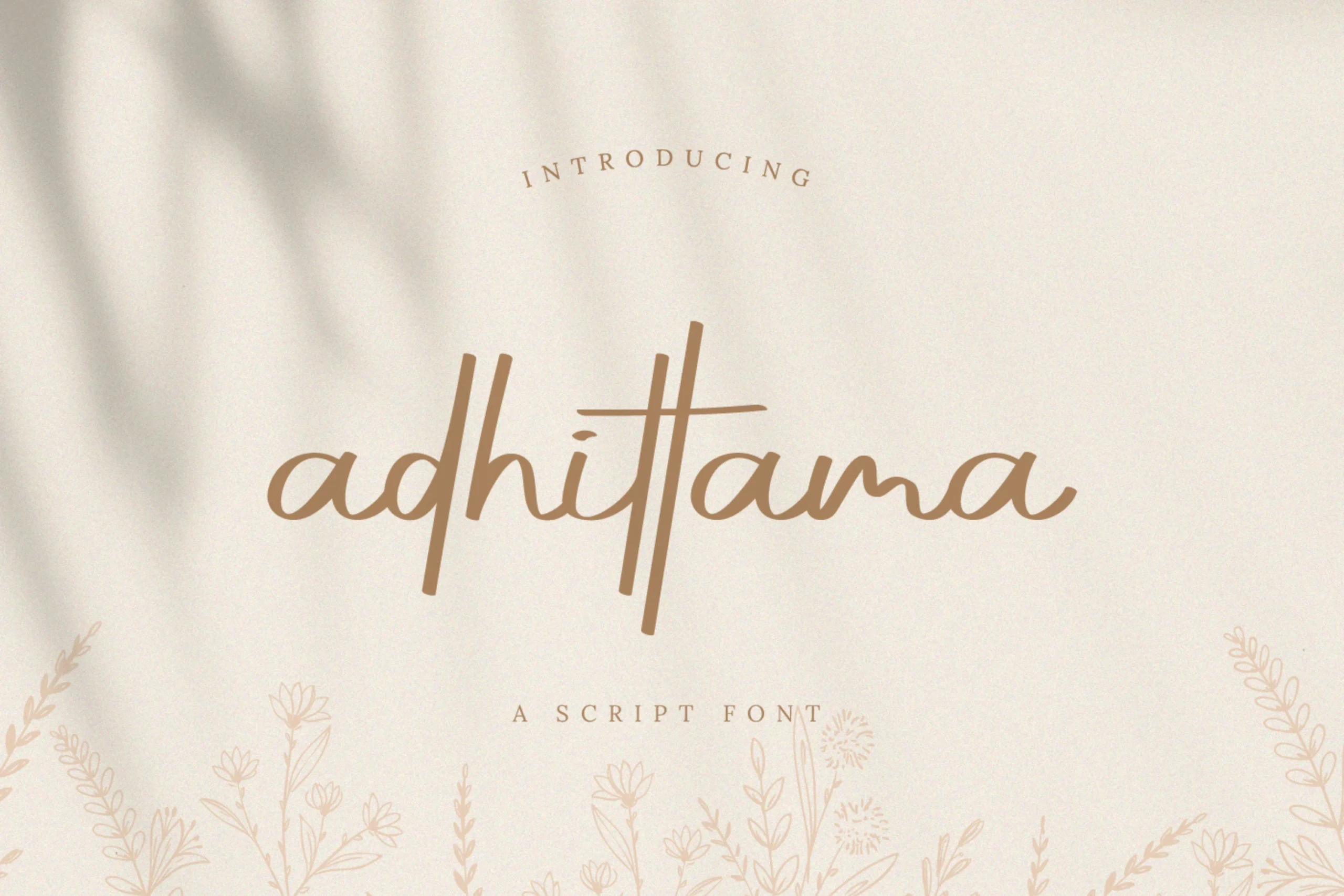 Adhittama Font preview showing warm brown clean script lettering with upright strokes and rounded curves