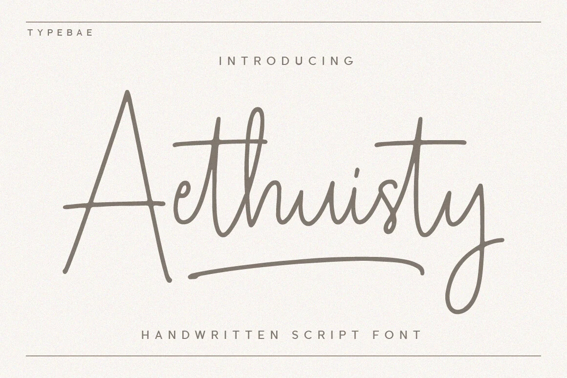 Aethuisty Font preview in thin gray handwritten script with a tall A, smooth curves, and an underline swash