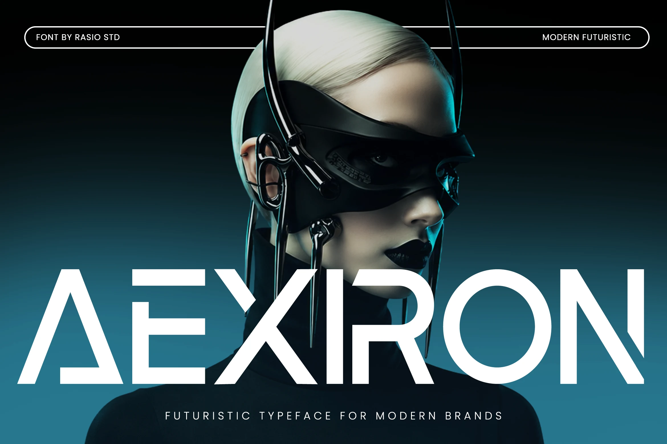 Aexiron Font preview with bold futuristic geometric lettering, diagonal cuts, and stencil breaks