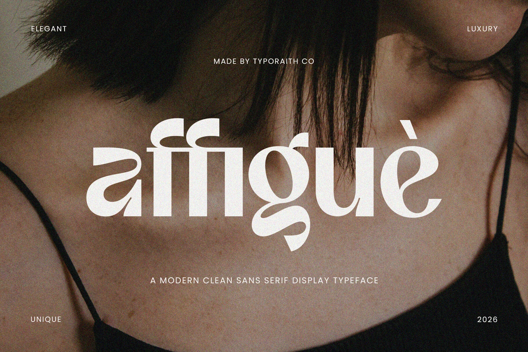 Affigue Font preview with bold white clean sans serif display lettering and soft curved shapes