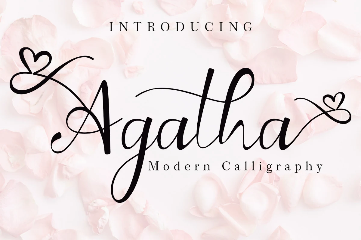 Agatha Font preview with black modern calligraphy lettering, thin swashes, and heart-shaped flourishes