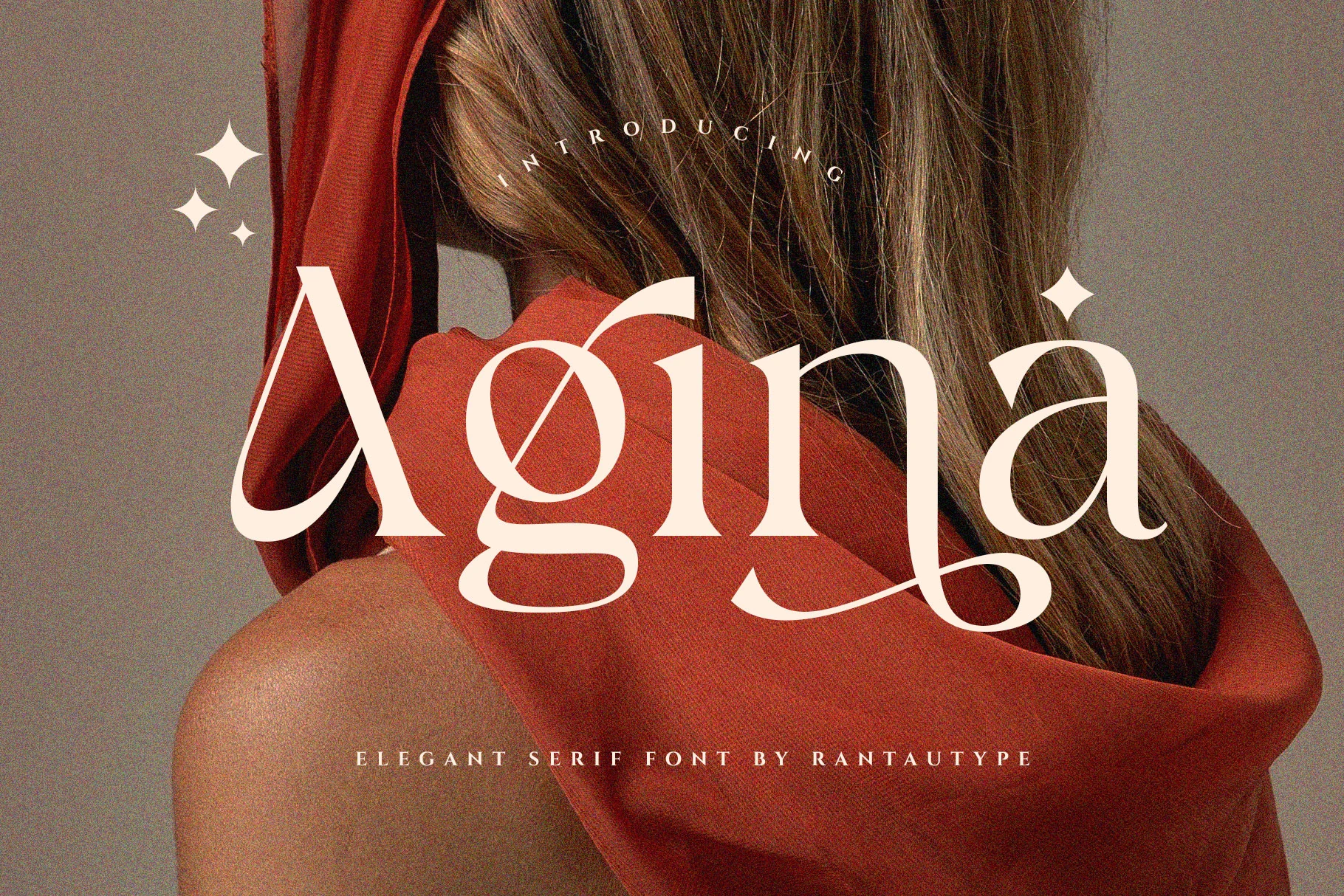 Agina Font preview in soft cream serif lettering with sweeping swashes and elegant high-contrast curves
