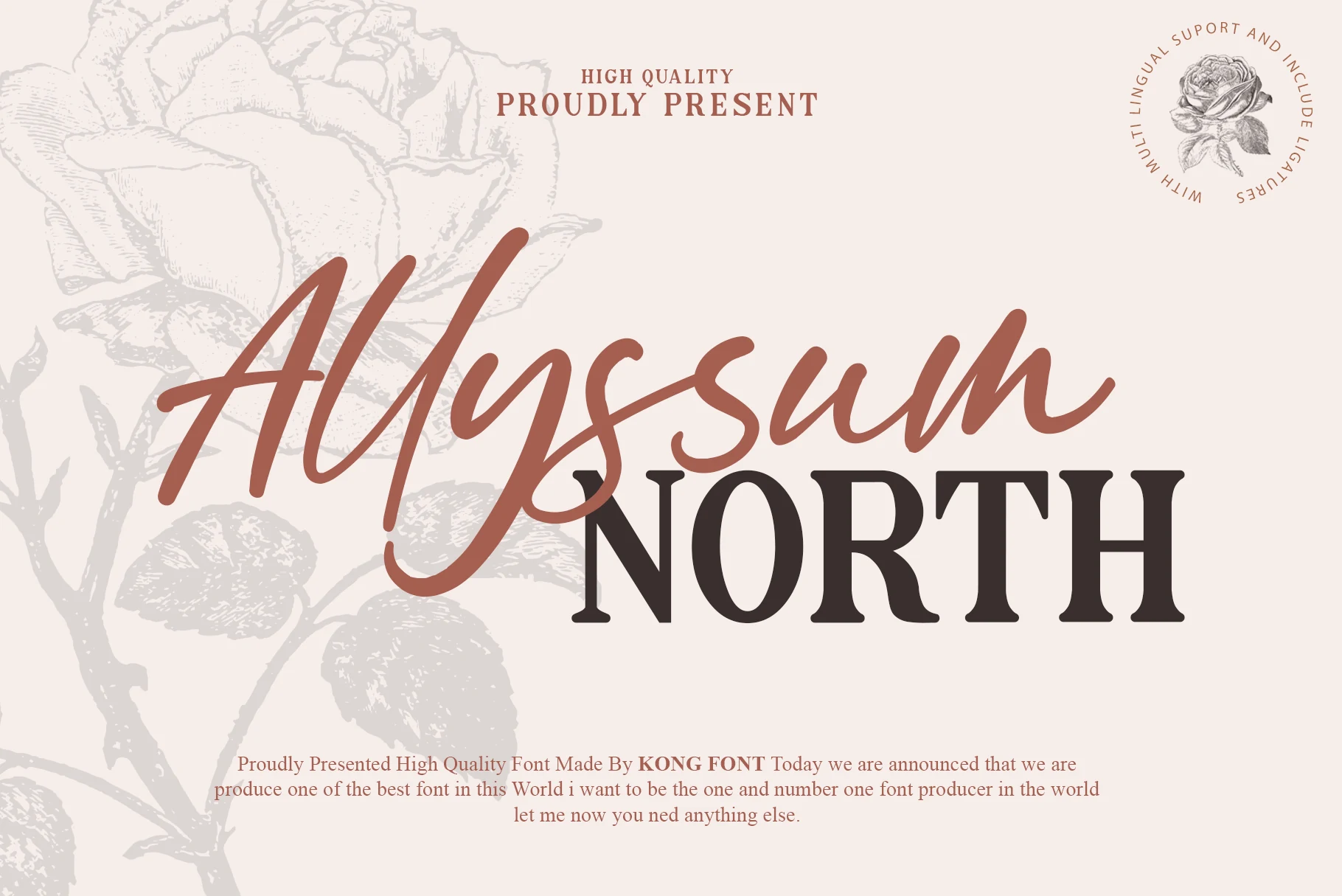 Allyssum North Font preview with warm handwritten script, bold serif lettering, and a floral illustration