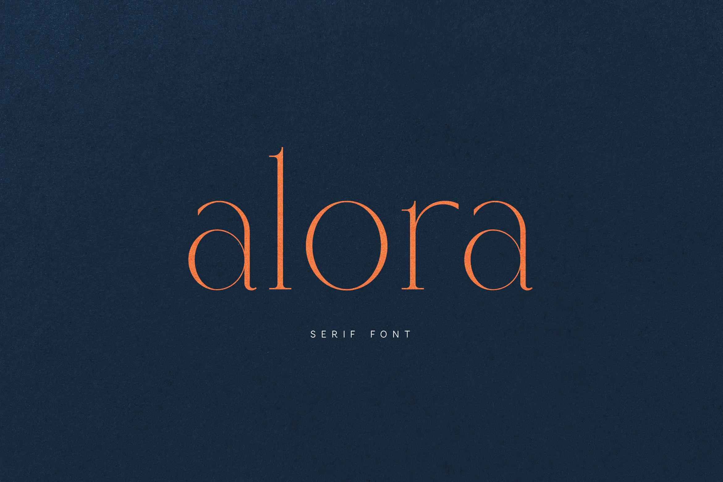 Alora Font preview with slim orange high-contrast serif lettering on a dark background