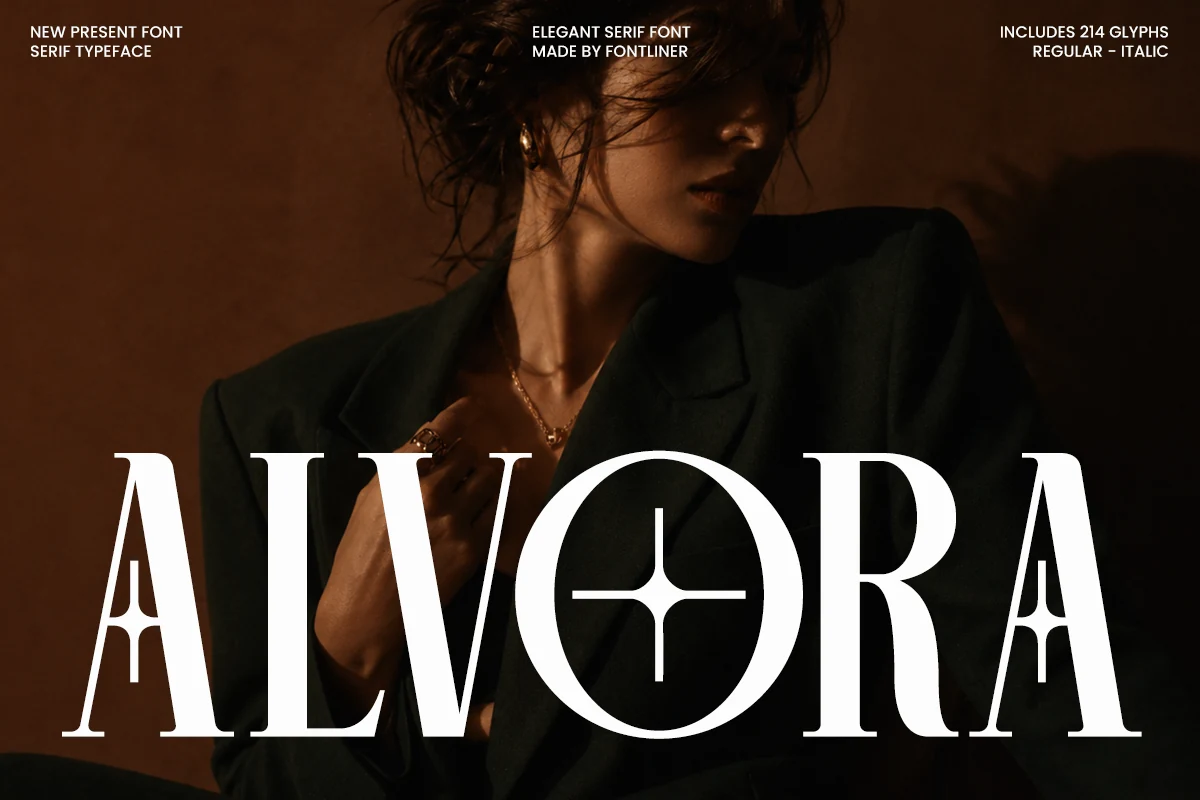 Alvora Font preview with high-contrast serif capitals and sharp elegant letterforms