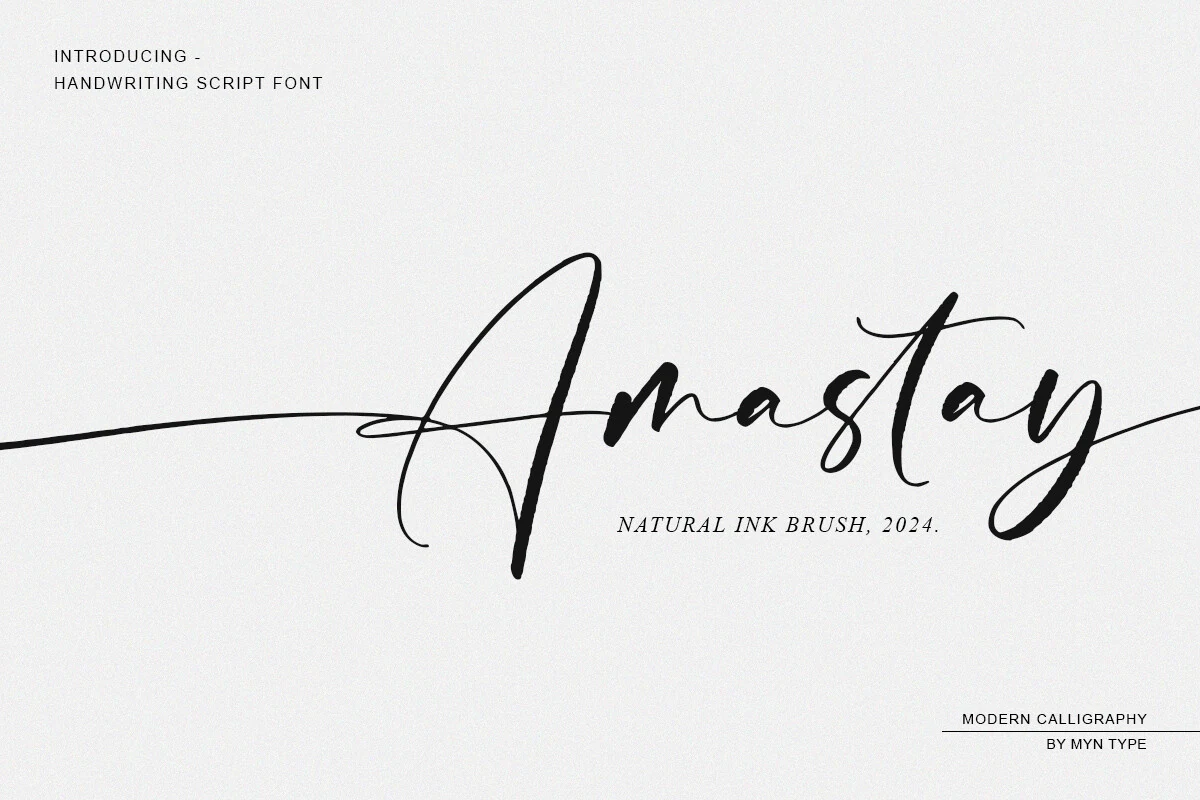 Amastay Font preview in elegant black ink-style script with a tall flourished capital and long swash line