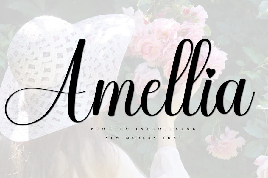Amellia Font preview with black elegant script, long swash capital A, and heart accent