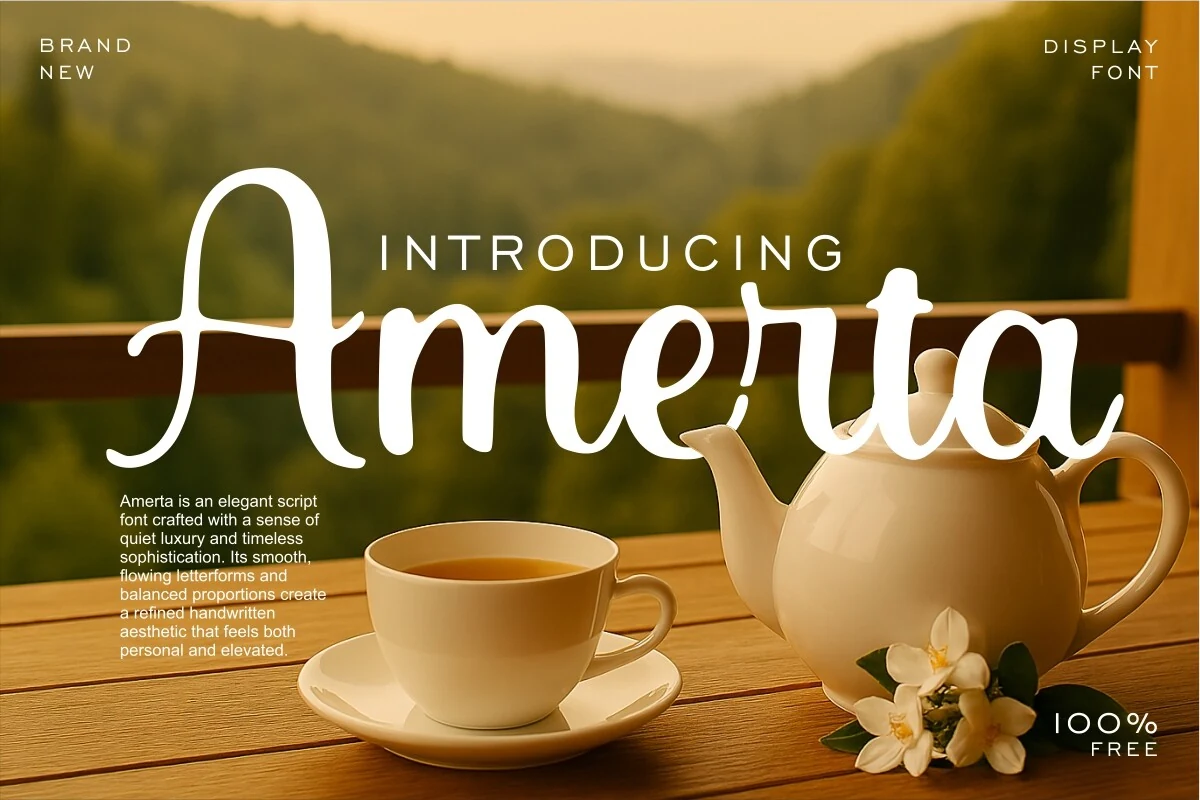 Amerta Font preview with smooth white handwritten script and tall looping capital A