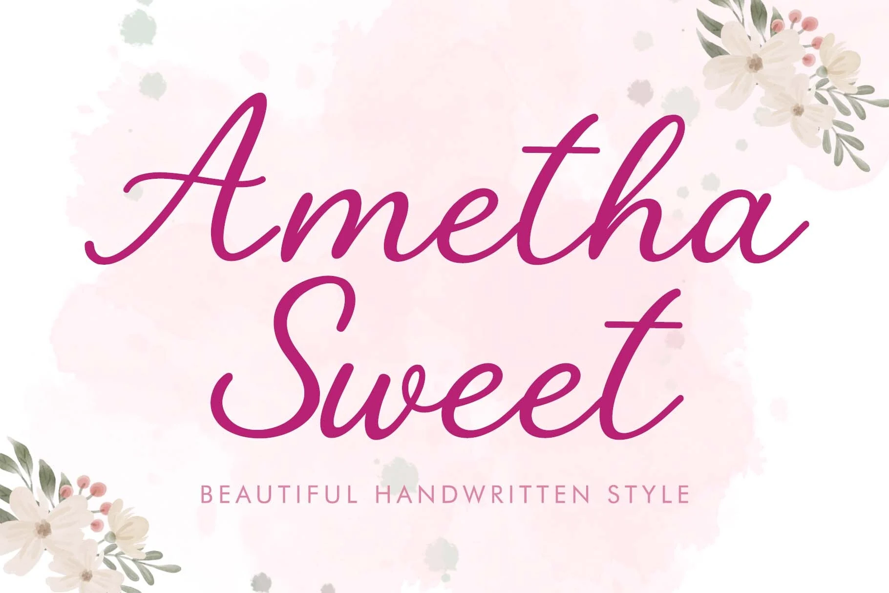 Ametha Sweet Font preview in pink flowing handwritten script with smooth rounded letters