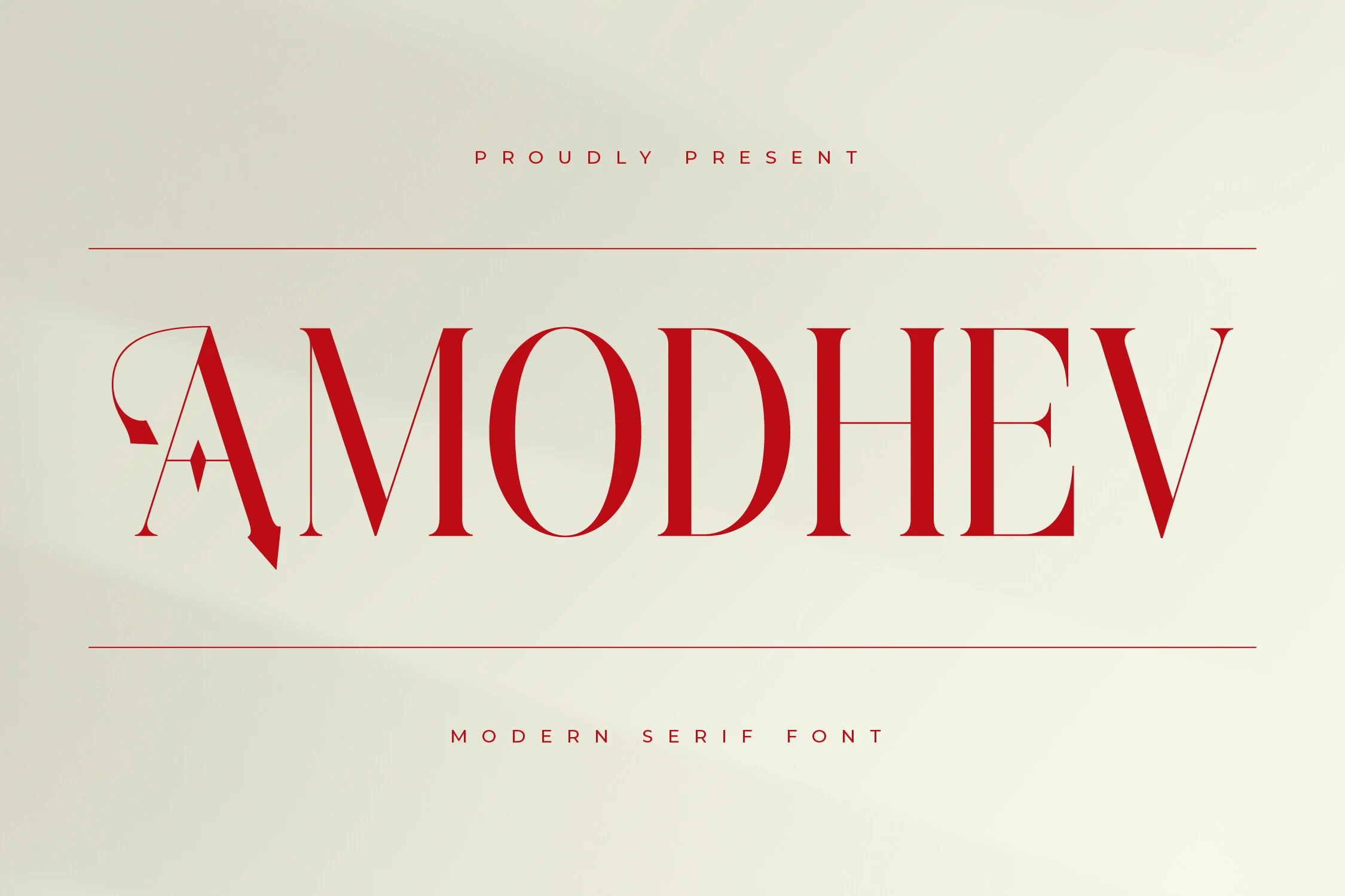 Amodhev Font preview in red modern serif capitals with high contrast strokes on a cream background
