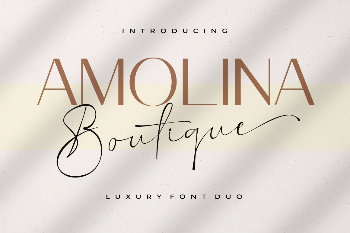 Amolina Boutique Font preview with tall brown sans serif and delicate black script lettering