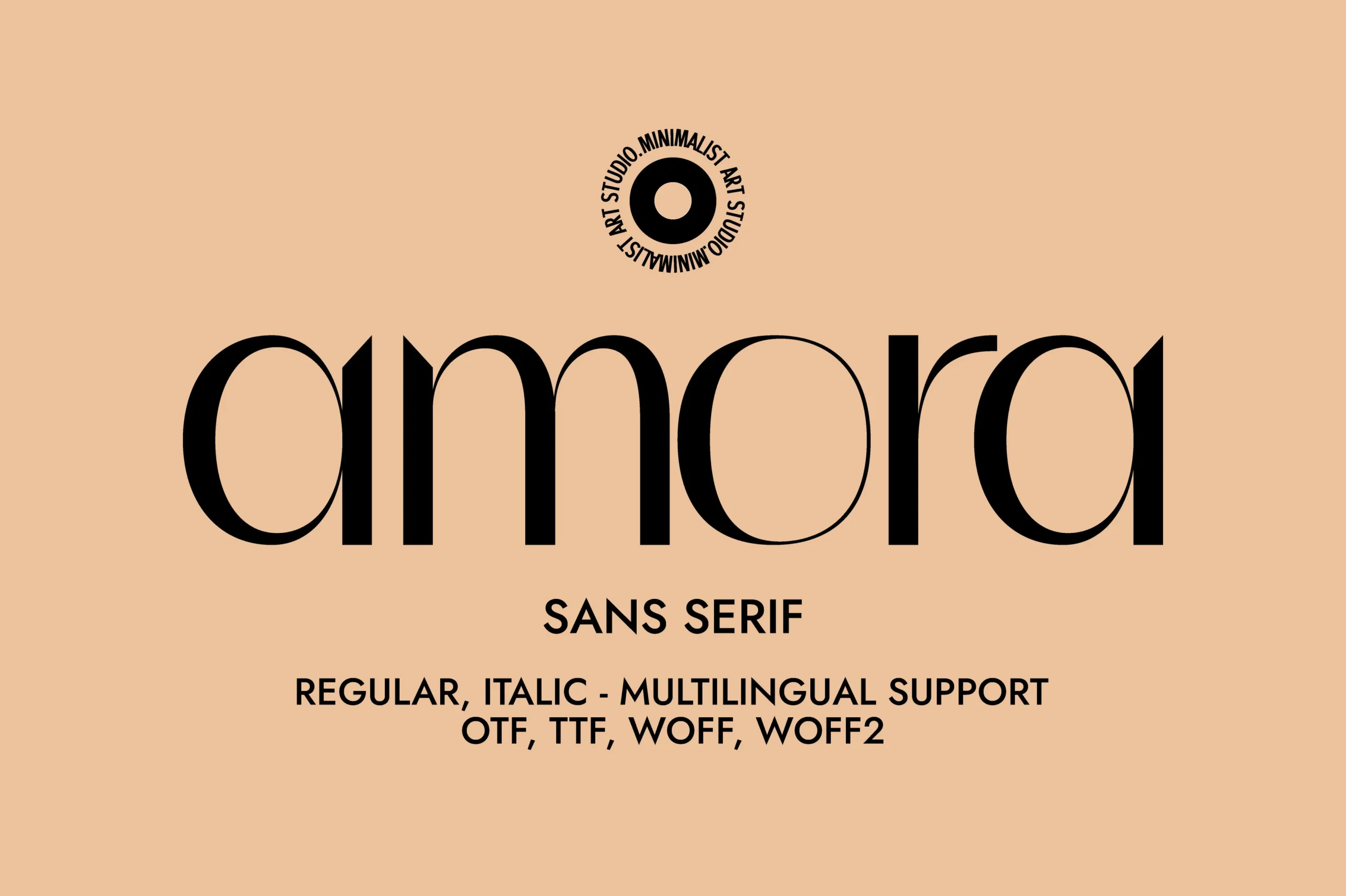 Amora Font preview showing minimalist sans serif lettering with bold vertical strokes and thin rounded curves