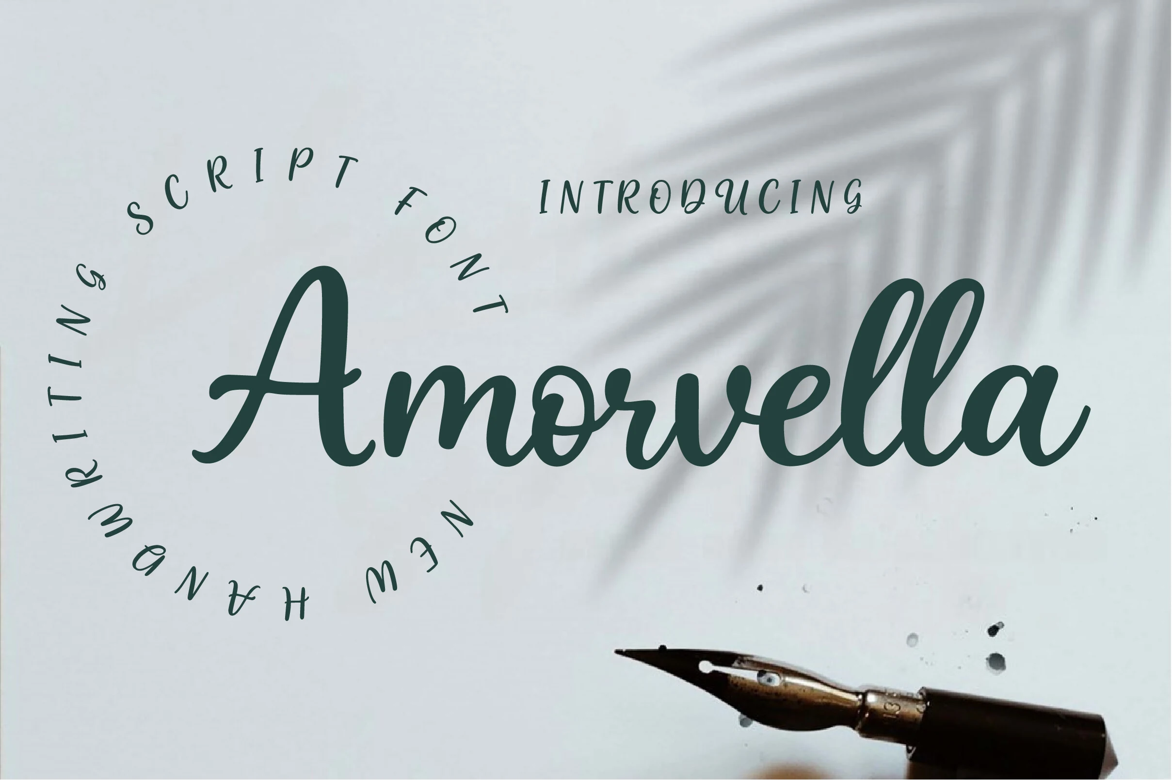 Amorvella Font preview with bold handwritten script, rounded strokes, and dark teal lettering