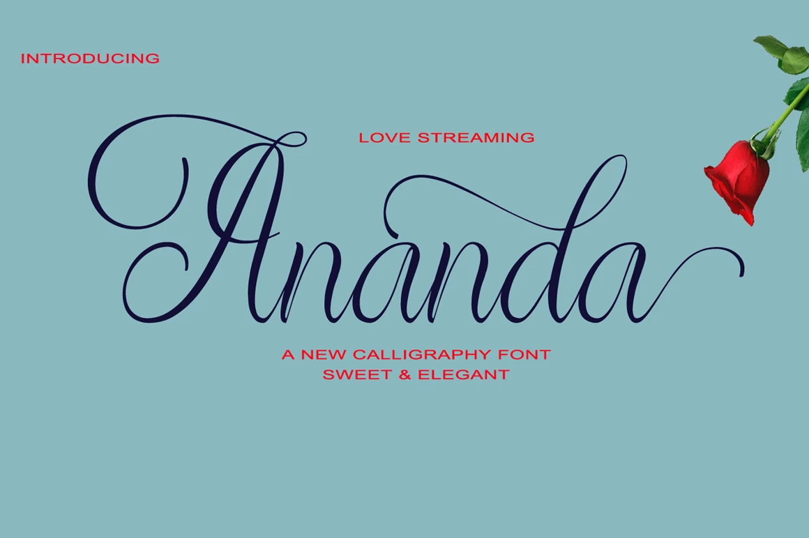 Ananda Font preview with navy calligraphy lettering, long looping swashes, and an elegant handwritten style