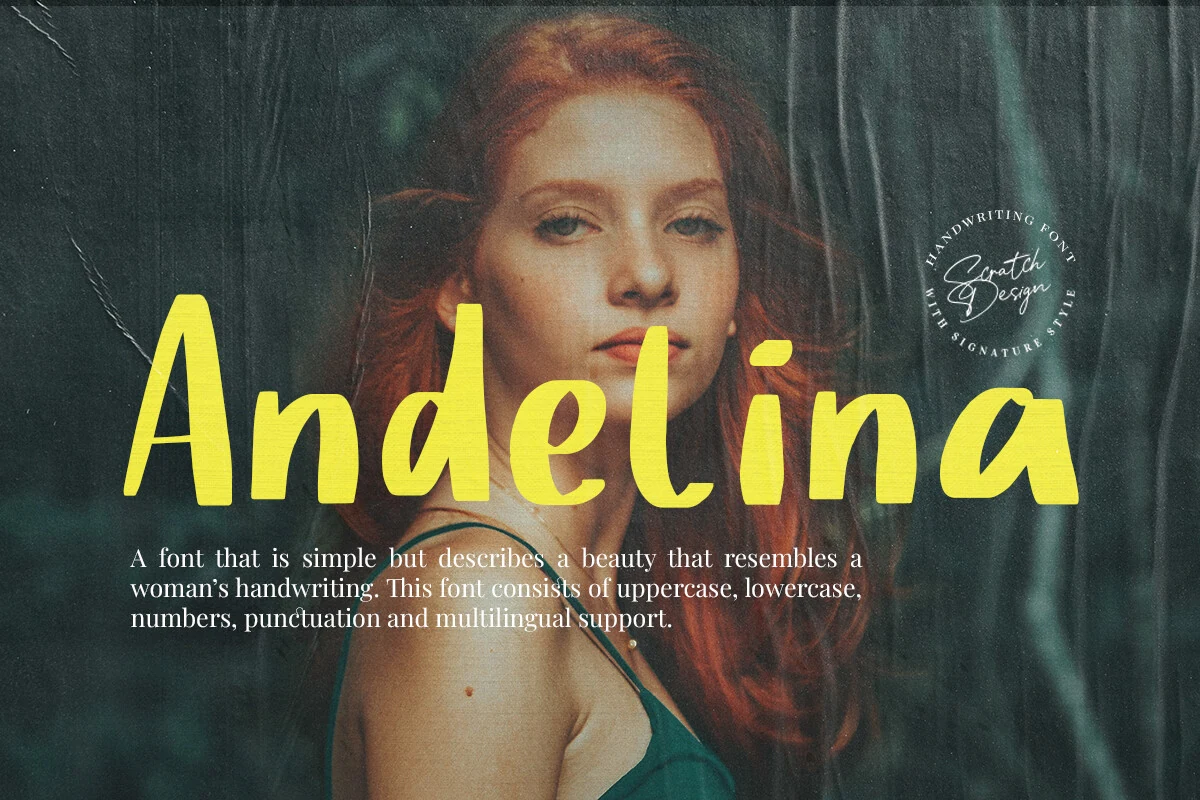 Andelina Font yellow casual brush handwriting with rounded upright letters