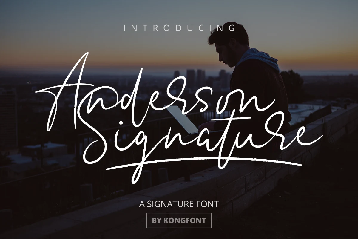 Anderson Signature Font preview with white handwritten script, rough strokes, and long underline swash