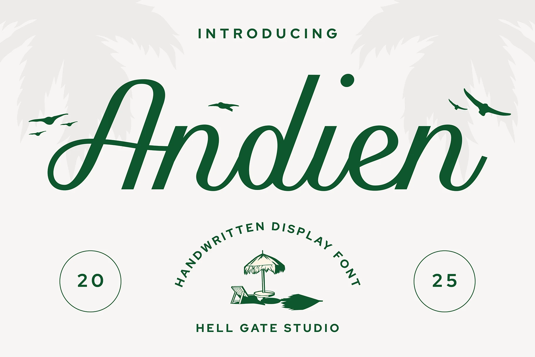 Andien Font preview with green smooth connected script lettering and a wide looping capital A
