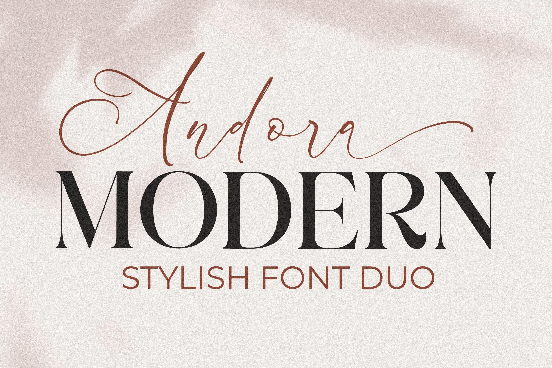 Andora Modern Font preview with flowing script, high-contrast serif capitals, and warm brown accents