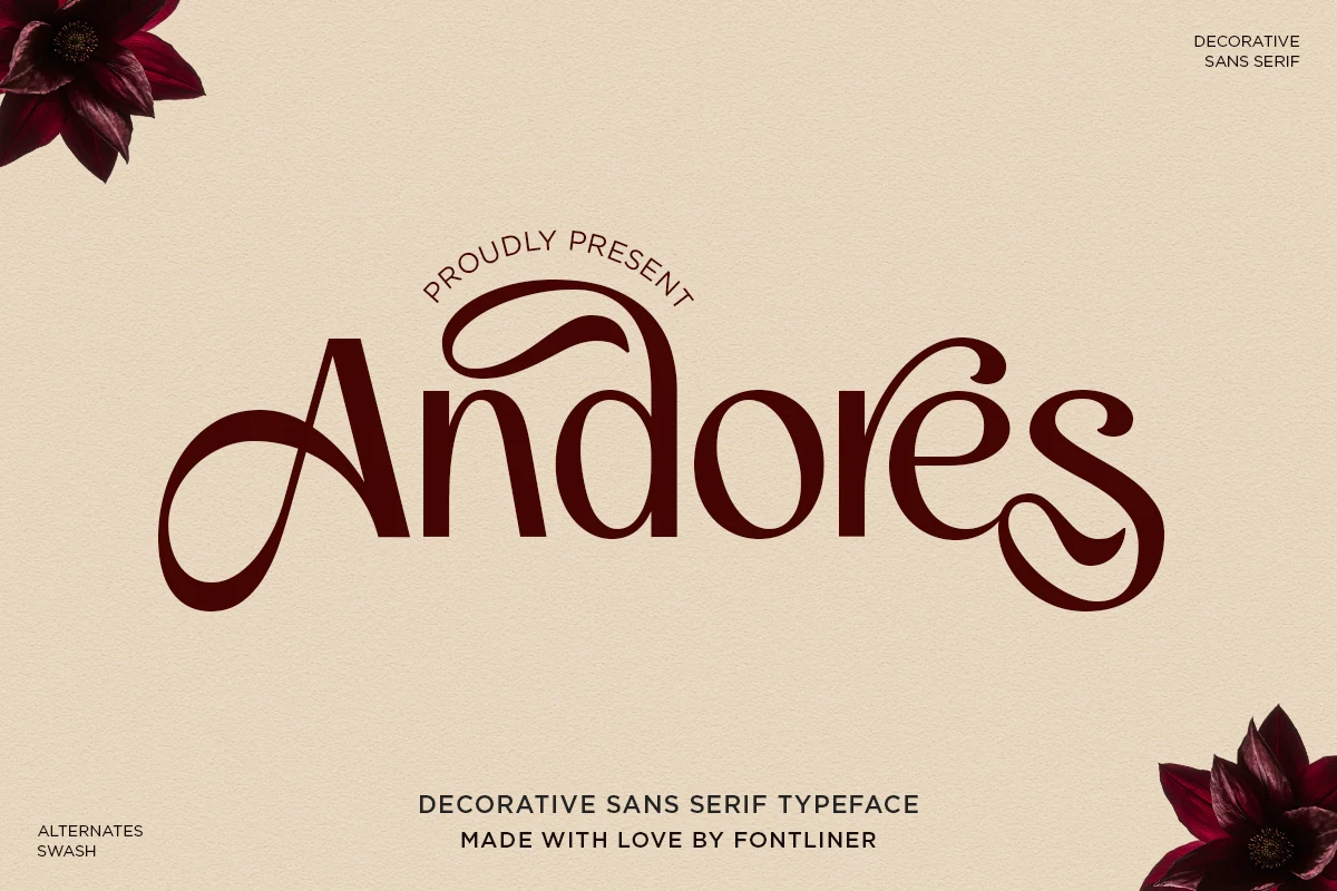 Andores Font preview with decorative sans serif lettering, curved strokes, and swash details