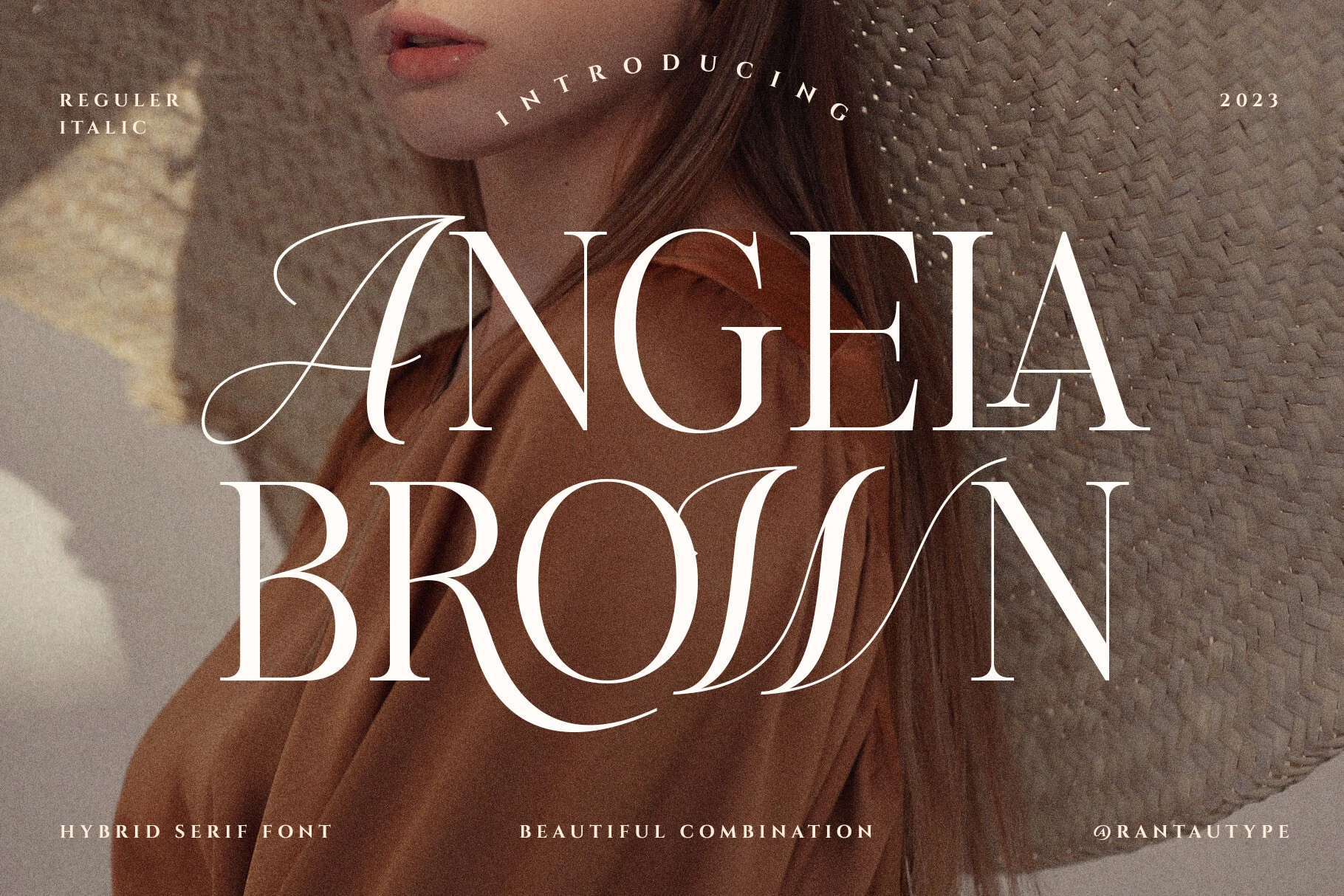 Angela Brown Font preview with elegant high-contrast serif lettering and delicate calligraphic swashes