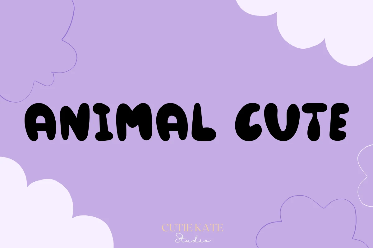 Animal Cute Font preview with bold rounded black handwritten letters and playful chunky shapes