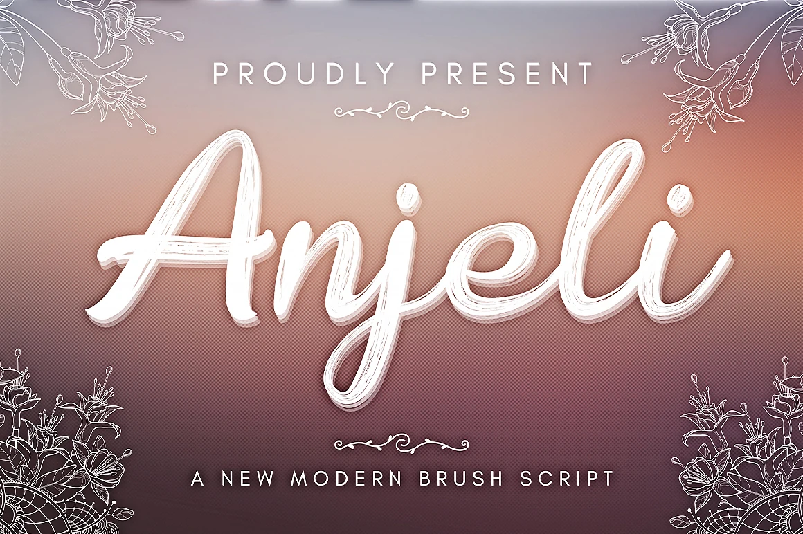 Anjeli Font preview with white brush script lettering, textured strokes, and soft connected curves
