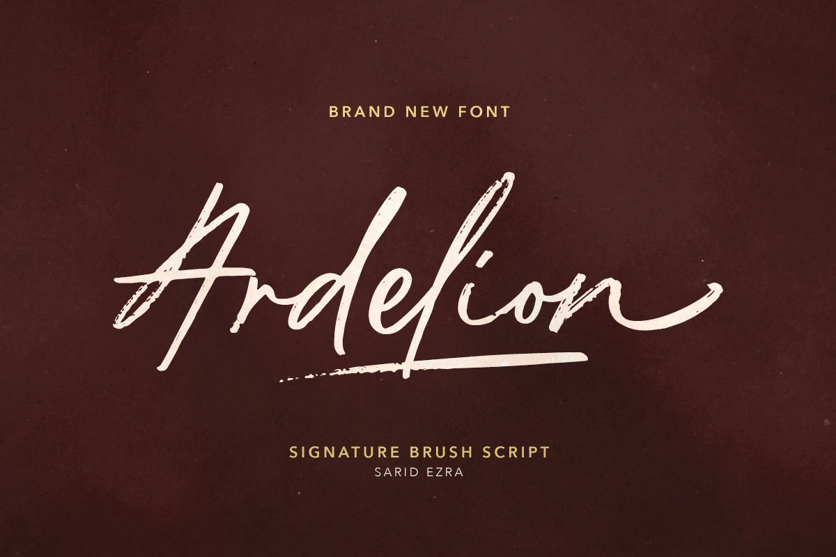 Ardelion Font preview in textured cream brush signature script with rough edges and a long underline swash