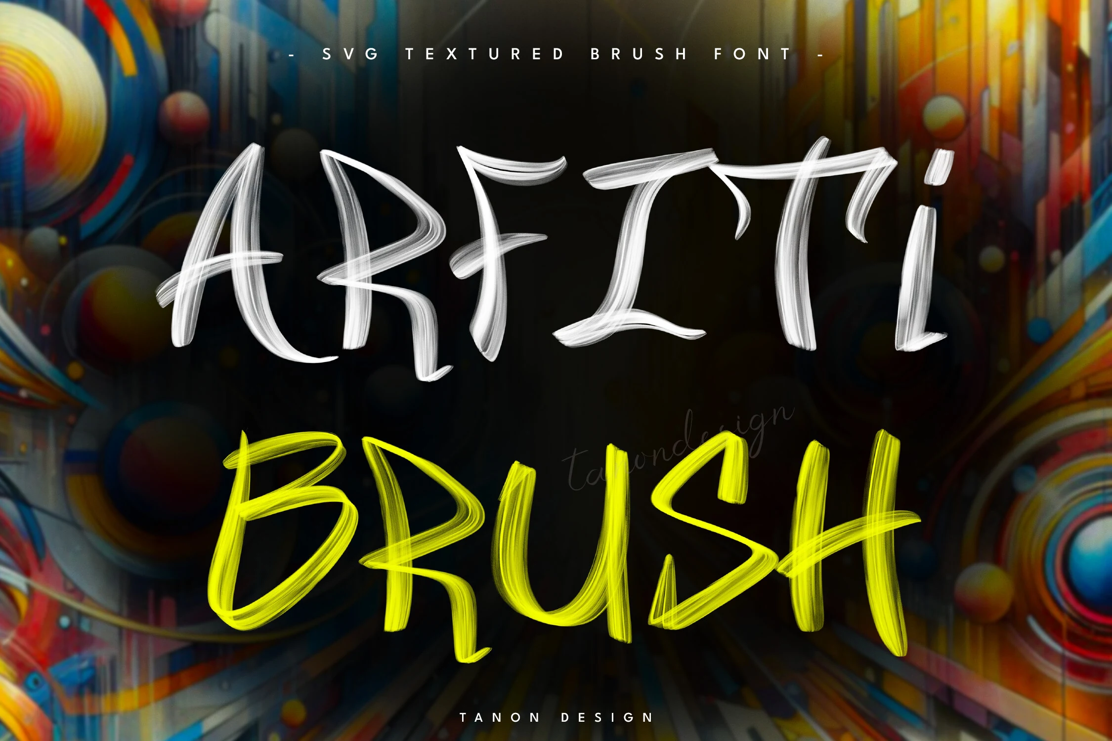Arfiti Brush Font preview with bold textured brush lettering in white and neon yellow graffiti style